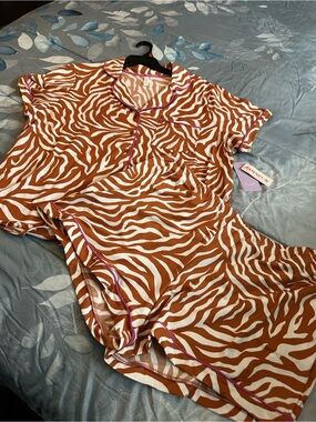 NWTS Joyspun Women’s Brown & White Zebra-Print Short PJ Set w/Pink Trim Sz 2X